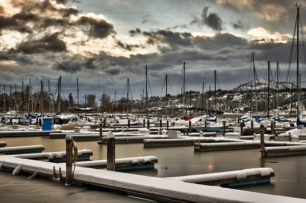 Snowy boats in harbour