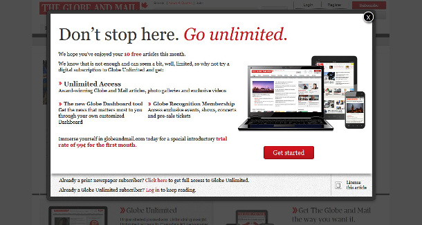 Globe and Mail paywall
