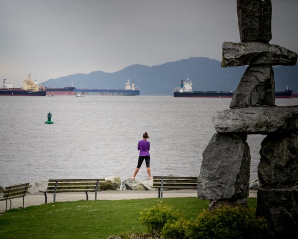 Jogger observing Vancouver oil spill