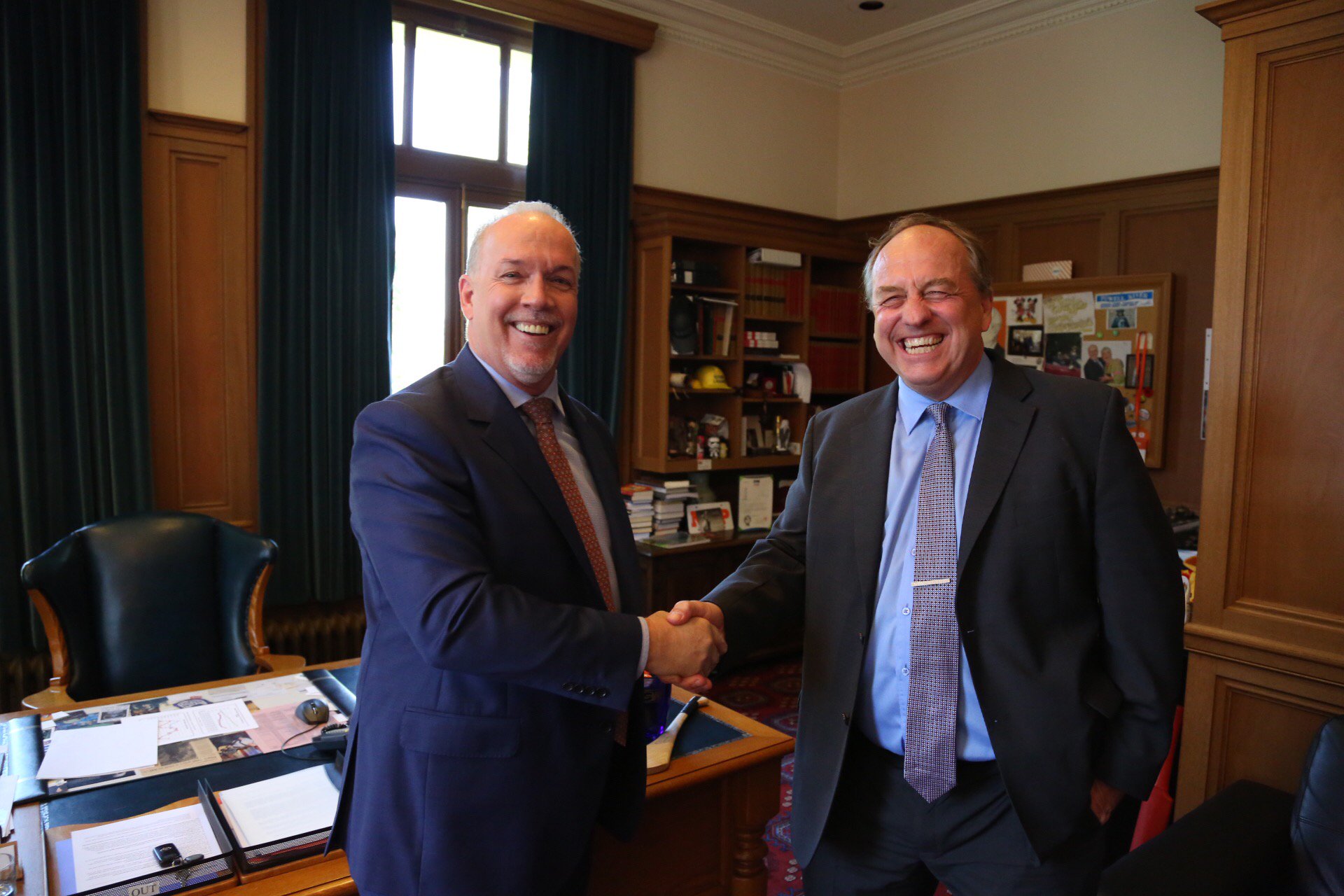 John Horgan and Andrew Weaver handshake