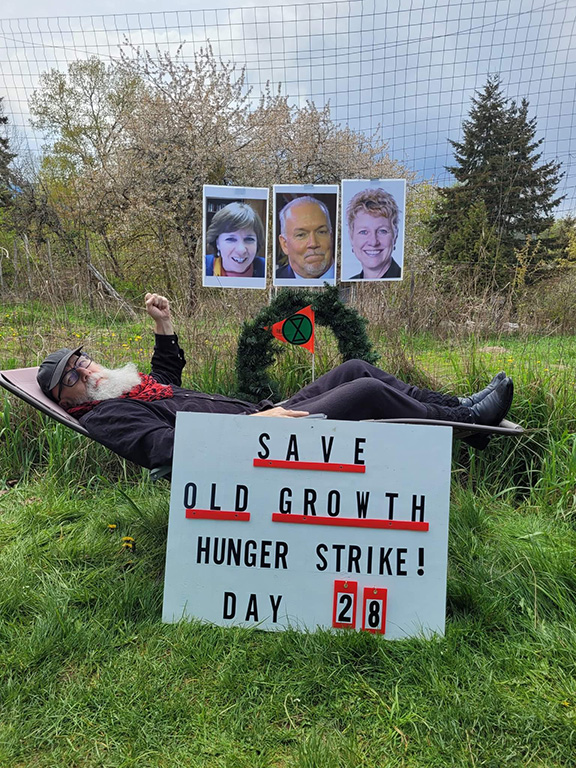 Howard Breen lies on a chaise lounge outside in a grassy place with a tree behind him and a sign saying Save Old Growth Hunger Strike! Day 28 under photos of NDP premier John Horgan, his Nanaimo MLA Sheila Malcomson, and forests minister Katrine Conroy.