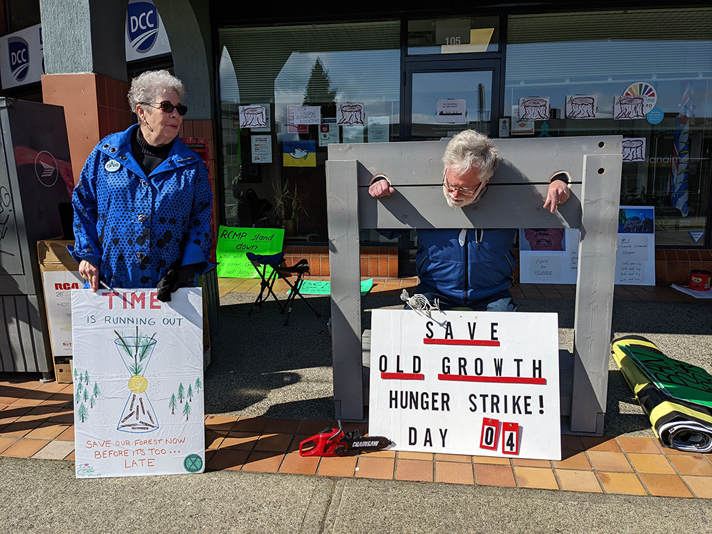 Howard Brice, his gray haired and bearded head and two hands poking through a replica of stocks once used to punish, in front of a constituency office with a gray-haired woman protester. A white person like Brice, her sign shows an hourglass and reads: Time is running out. Save our forests before it’s too late. His sign reads: Save Old Growth Hunger Strike! Day 04.