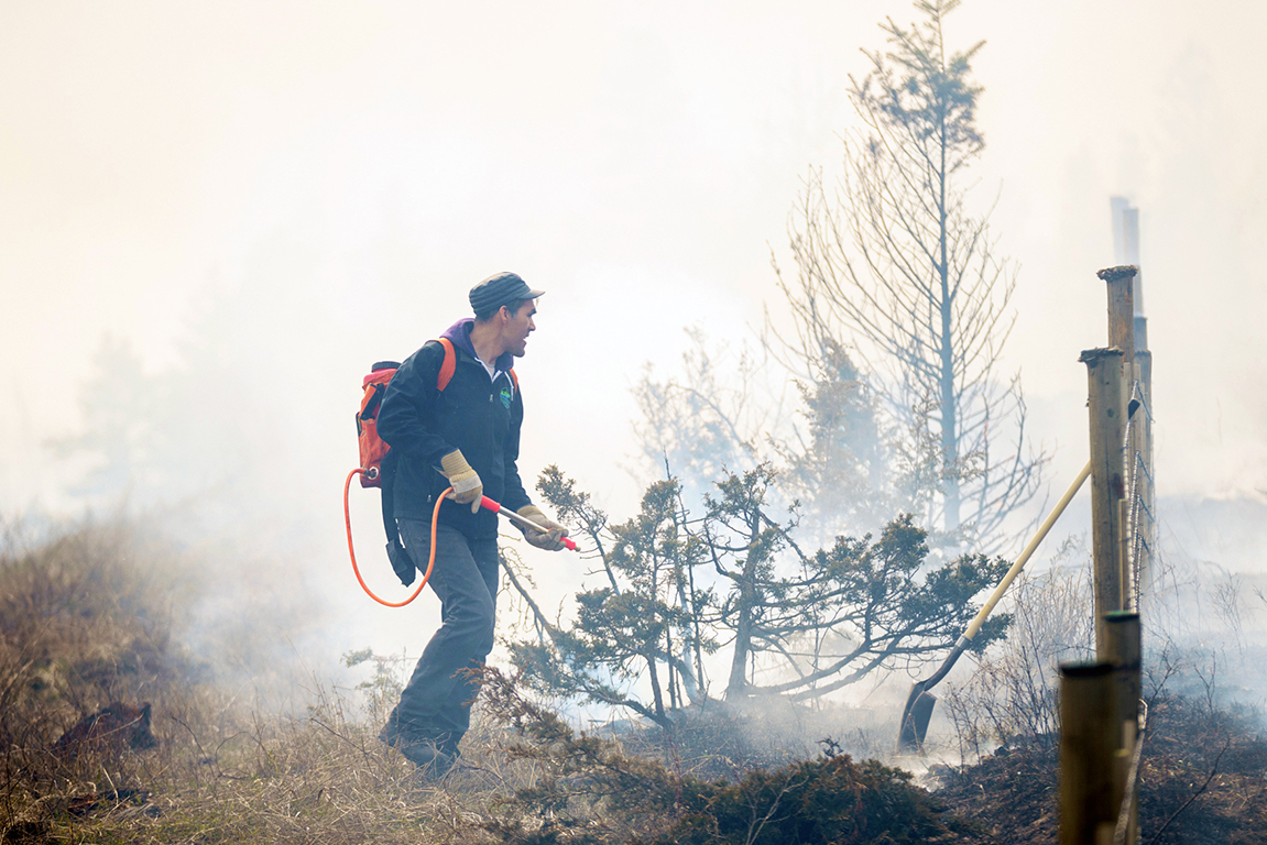 A lone figure, Russell Myers Ross, shrouded in smoke, wears a water tank on his back and directs the attached wand towards some smoldering grass.