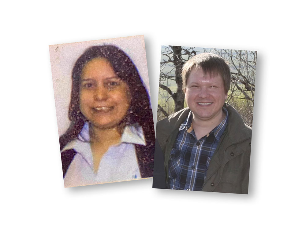 Two separate but overlapping photos show a woman on the left smiling and wearing a white blouse and black jacket. The photo on the right shows a man with a big smile standing outdoors with a tree in the background.