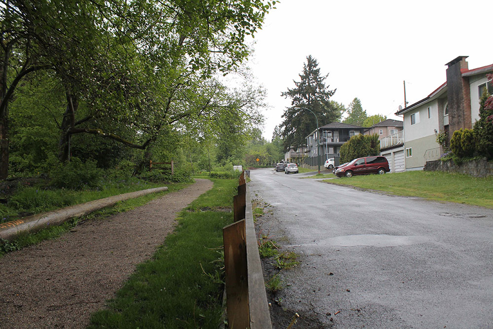 A forest pathway next to a residential street leading to Renfrew Ravine Park in East Vancouver. 