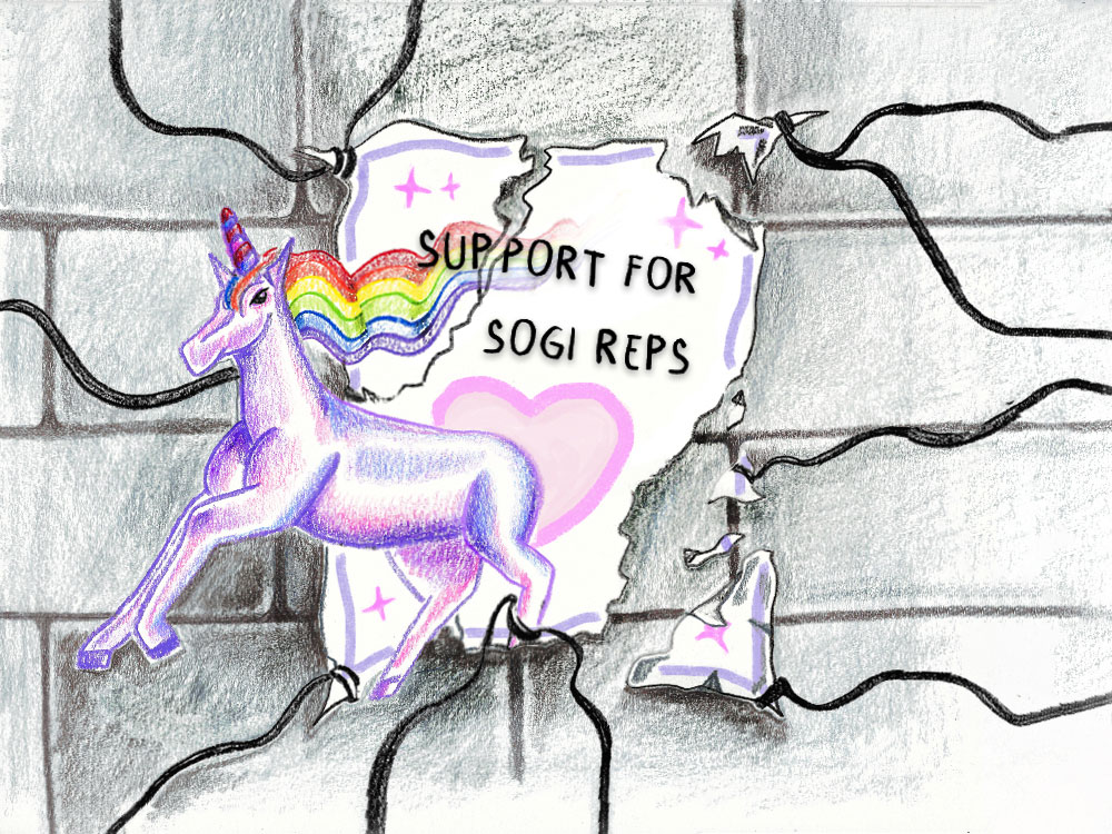 An illustration of a poster being torn from a cement brick wall. The poster says “Support for SOGI Reps” and there is a purple unicorn with a rainbow bursting out of the poster.