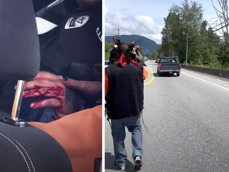 Blood runs down a hand and wrist of a person sitting in a car. In the paired photo, on a rural road with a dark blue mountain in the distance, a man who is Indigenous, wearing a dark vest and a kerchief around his head, is seen from behind, looking towards a dark blue pickup truck whose driver pokes his head out of the window and looks back.