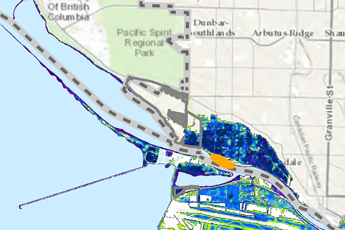  A map depicts the main Musqueam reserve in light grey. It is a sneaker shape, with what can look like laces facing Pacific Spirit Regional Park.