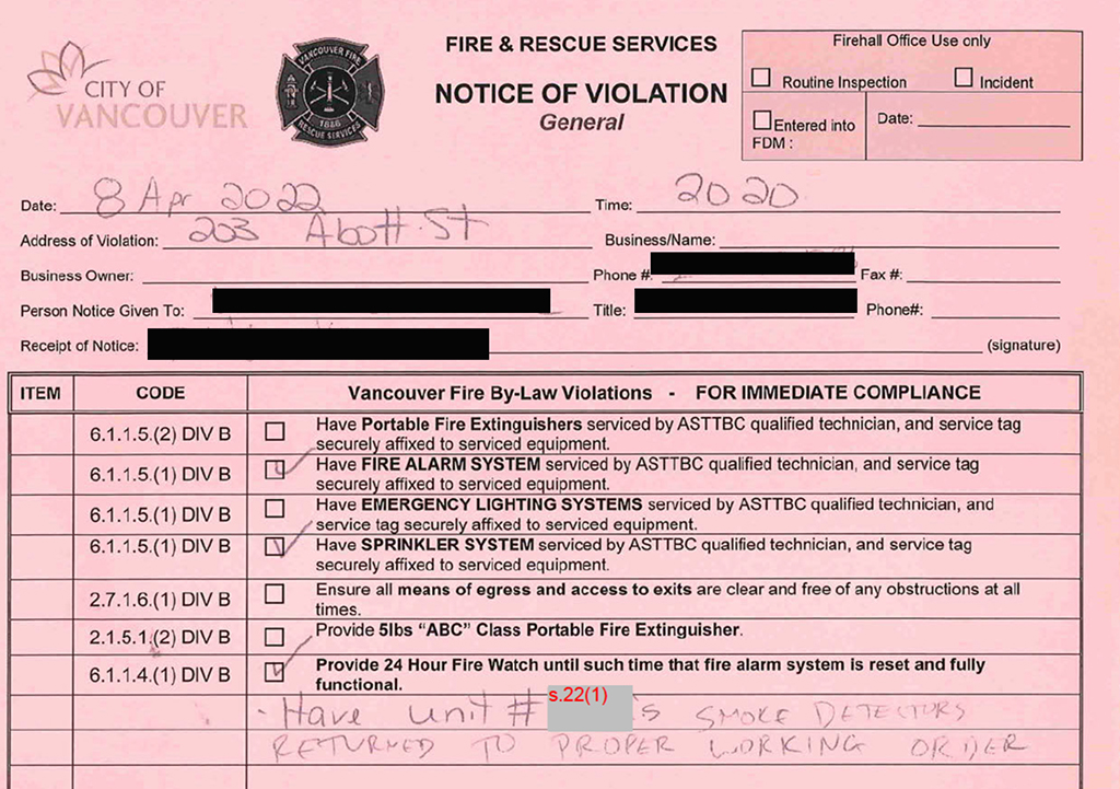 A pink fire report checklist filled out April 8, 2022, shows that the fire department did not order servicing of fire extinguishers.