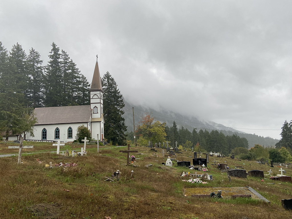 An outside shot of St. Ann's church on a cloudy day.
