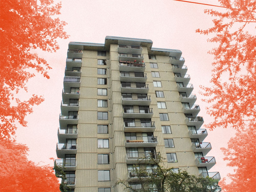 A beige high-rise apartment building with grey trim stands among deciduous trees in Vancouver’s West End. The sky in the background and the trees on the side of the image are edited with a red colourway.