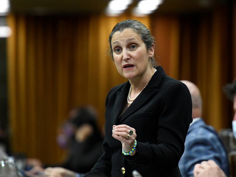 Deputy PM Chrystia Freeland, wearing a dark jacket and pearls, her hair pulled back tightly, rises in Parliament, gesturing with her left hand as she speaks with an intense expression on her face.
