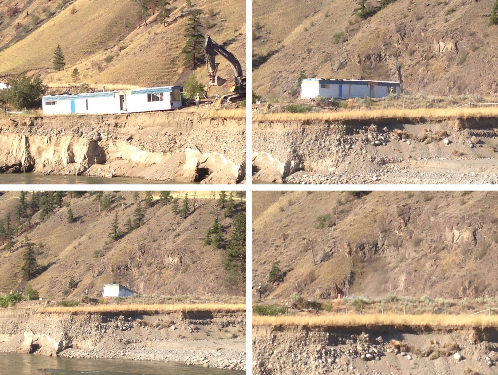 Four photos show the progression of Ed Buder’s mobile home being moved away from the edge of the riverbank. 