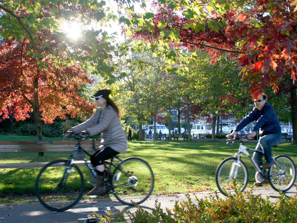 Sunlight filters through a canopy of green and red leaves on an autumn day as two cyclists whizz past. We are in Vancouver’s Coal Harbour and there are yachts on the water in the background.