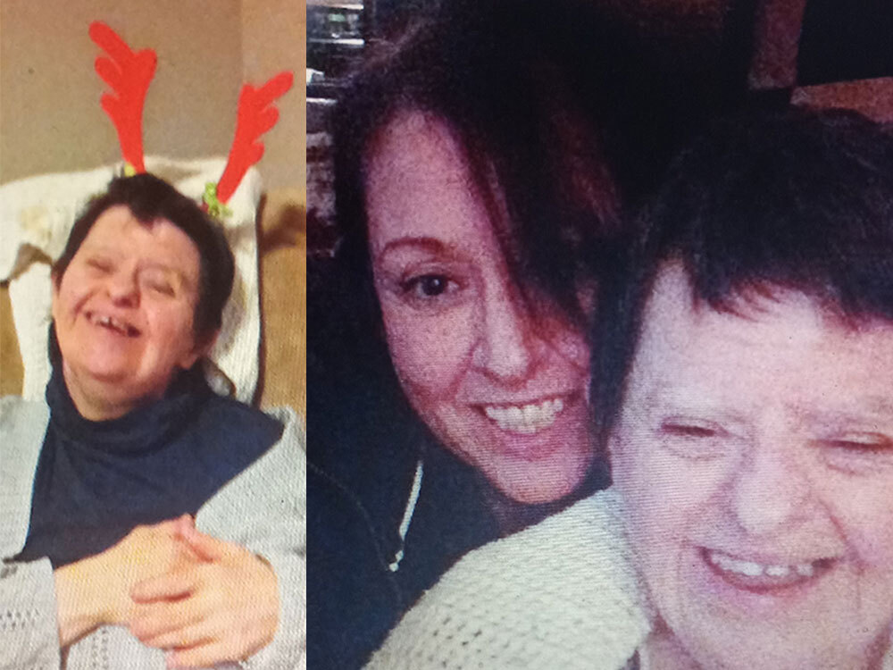 A diptych has been created from two pictures. On the left, Florence Girard wears red reindeer antlers around Christmastime. She’s smiling. On the right, two women, Sharon Bursey on the left and Florence Girard on the right, hug and pose for a selfie.