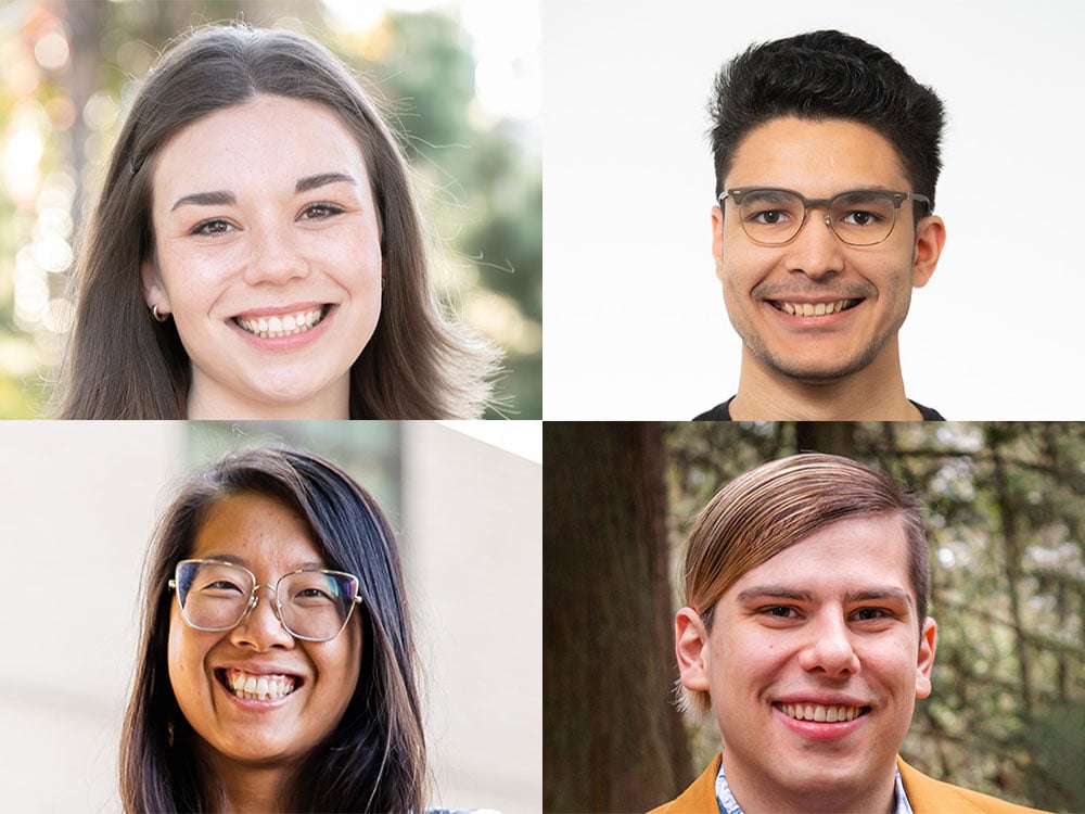 A four-panel grid features headshots of four young candidates running in local politics this fall. Clockwise from top, they are Colby Harder (in a brown jacket), Gabriel Liosis (in a black top against a white background), Basil Langevin (in an orange jacket) and Tesicca Truong (in a blue floral top).