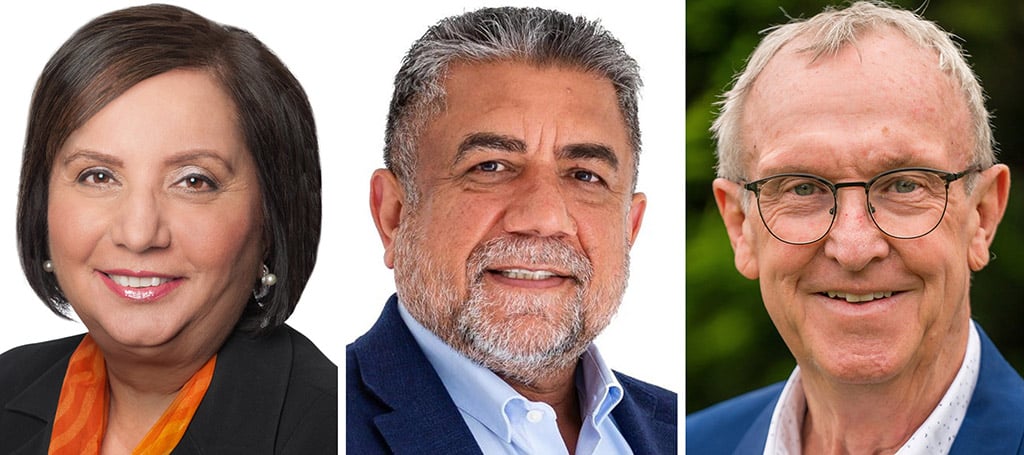 A triptych of headshots of Surrey’s three mayoral candidates. 