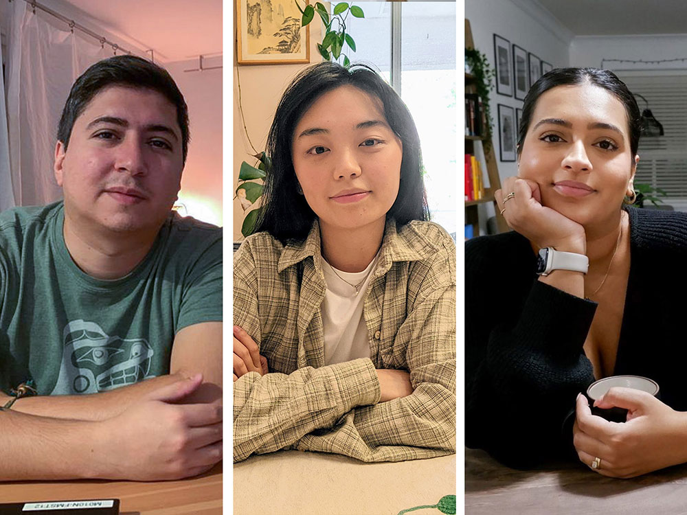 A triptych of portraits of three millennials, each sitting at their own kitchen table.
