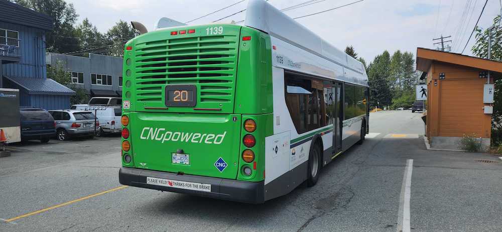 A green and white bus drives down a paved residential road. White letters on the back of the bus say it is “CNG powered.”