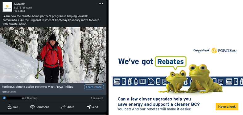 A smiling hiker in a red jacket and black toque walks through a snowy forest towards the camera in this FortisBC ad that runs on social media, and two cartoon frogs advertising Fortis BC rebates.
