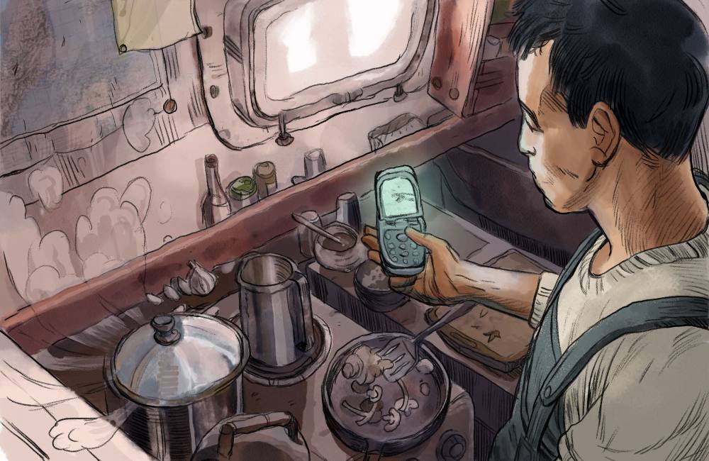 An illustration of a man in a galley on a boat. He is standing over a stove, holding a cellphone. 