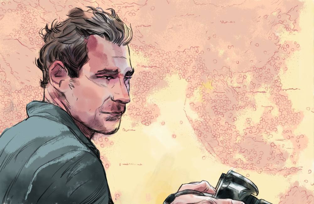 An illustration of a man holding an SLR camera. An abstracted world map fills the background.  