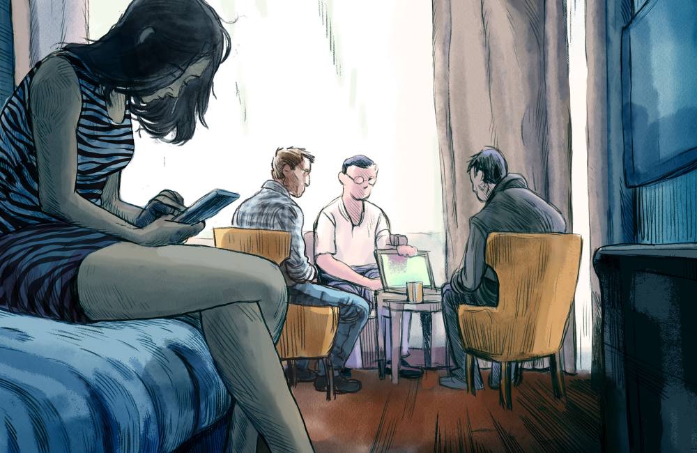 An illustration of a hotel room. A woman sits on the bed, scrolling through a cellphone. In the background, three men sit around a table. A video plays on a laptop.  