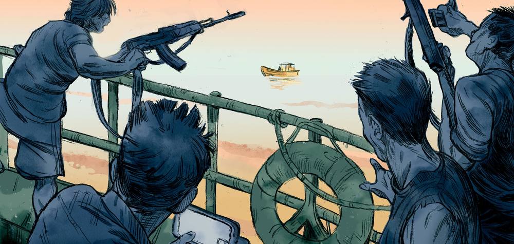 An illustration of a men on the deck of a ship. Two hold guns. One holds a cell phone. There is a small boat in the ocean near them.