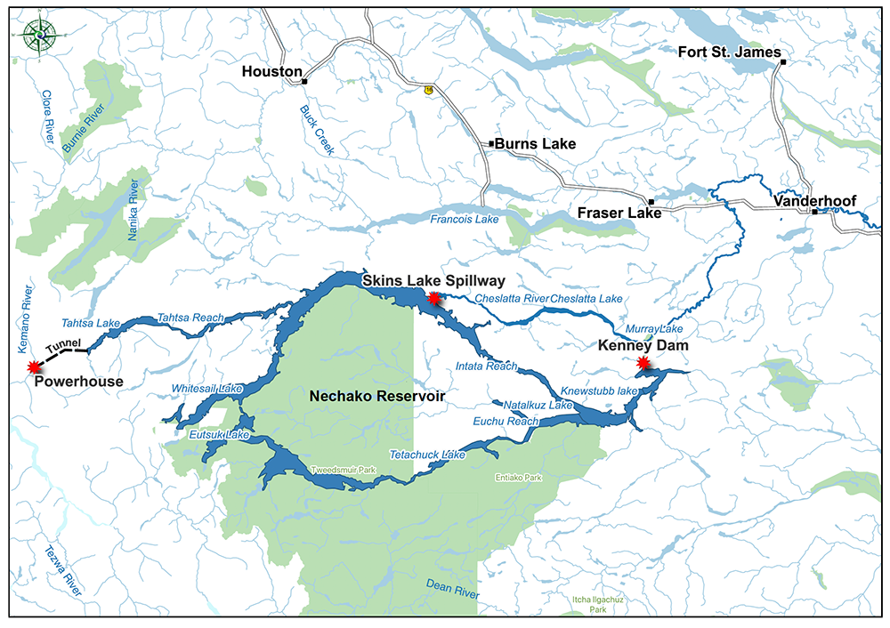 A map of the Nechako Reservoir shows its location south of Houston, Burns Lake and Vanderhoof. Included on the map are the reservoir’s hydroelectric powerhouse in the west and Kenney Dam in the east.