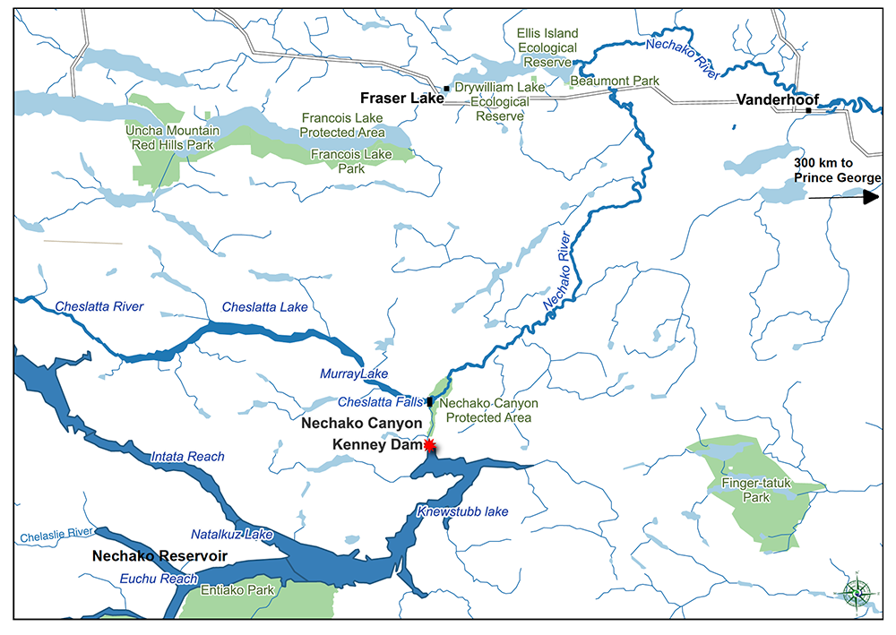 A map shows the Kenney Dam and the spillway that is used to release water into the Cheslatta River system.