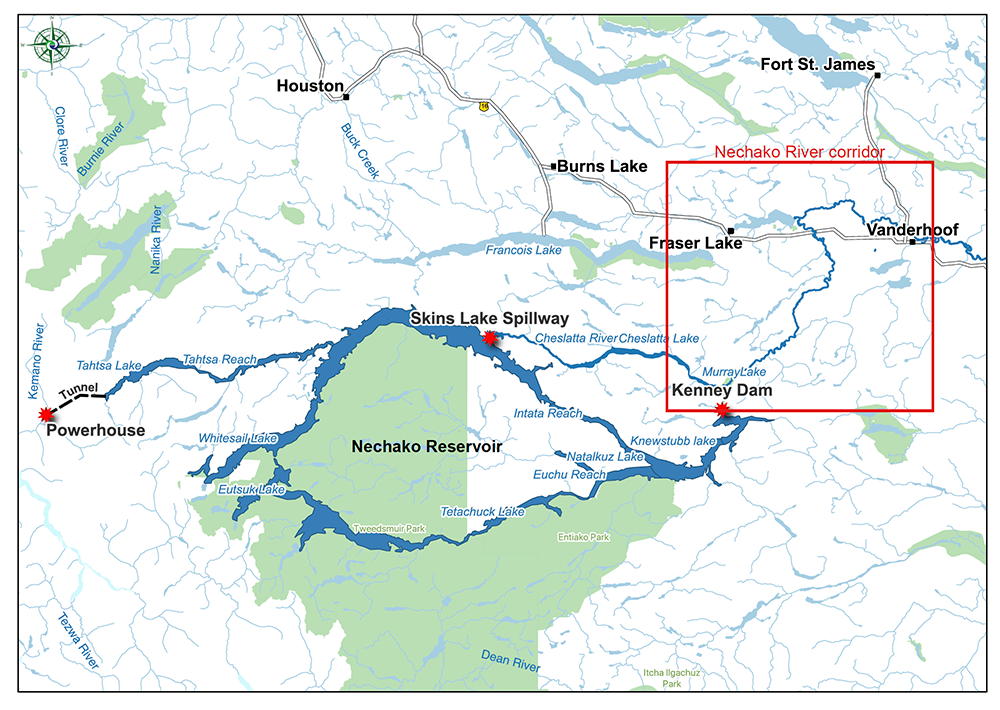 A map shows the Kenney Dam, Nechako Reservoir and the Chesletta River system.