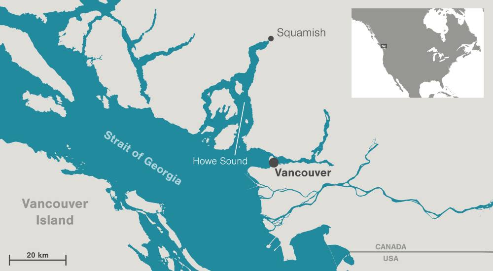 A map that shows where Howe Sound is relative to Vancouver, Squamish and the Georgia Strait.