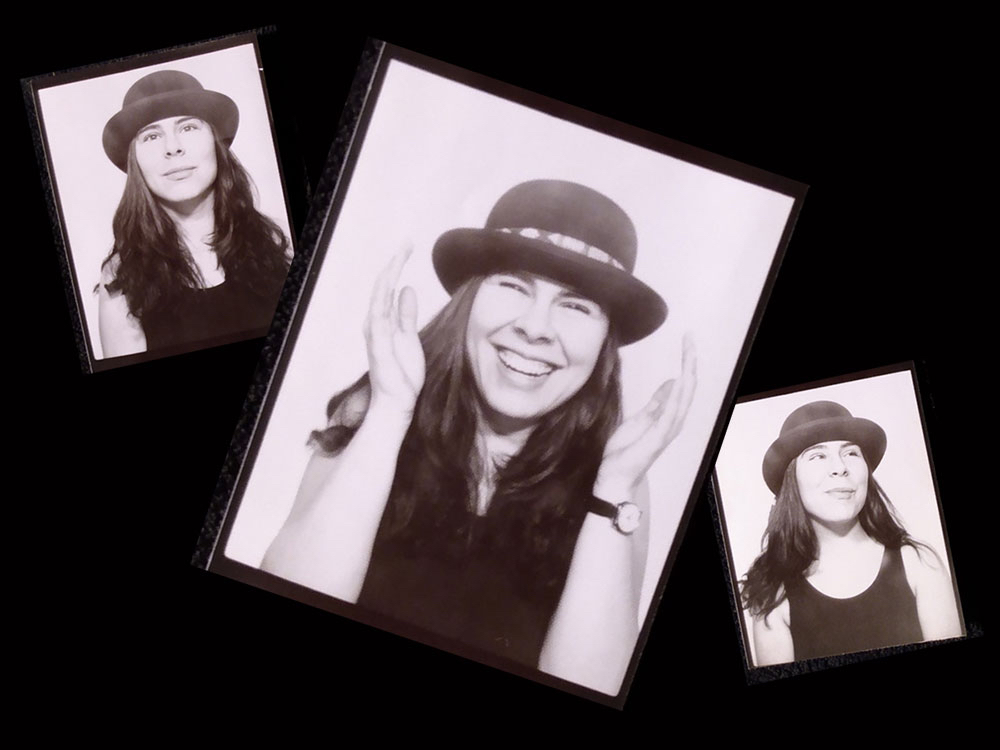 Photo booth snapshots, arranged on a black background, show a woman wearing a hat and making faces at the camera.