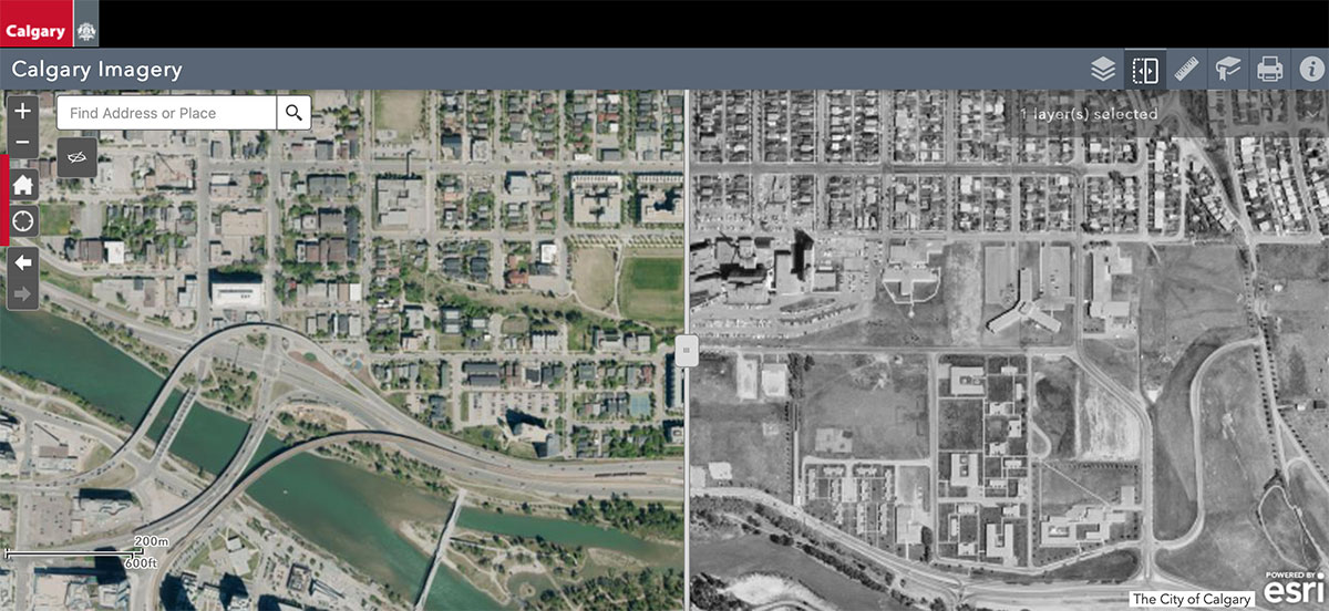A side-by-side comparison of two overhead images of Bridgeland, the first from 2021 and the second from 1972, a year after Bridgeland Place was built. The area looks less developed in 1972 than it did in 2021.