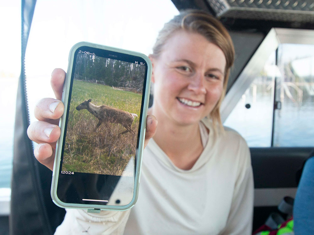 A woman in a white T-shirt sits in a boat and holds out a cellphone showing a photo of a caribou. 