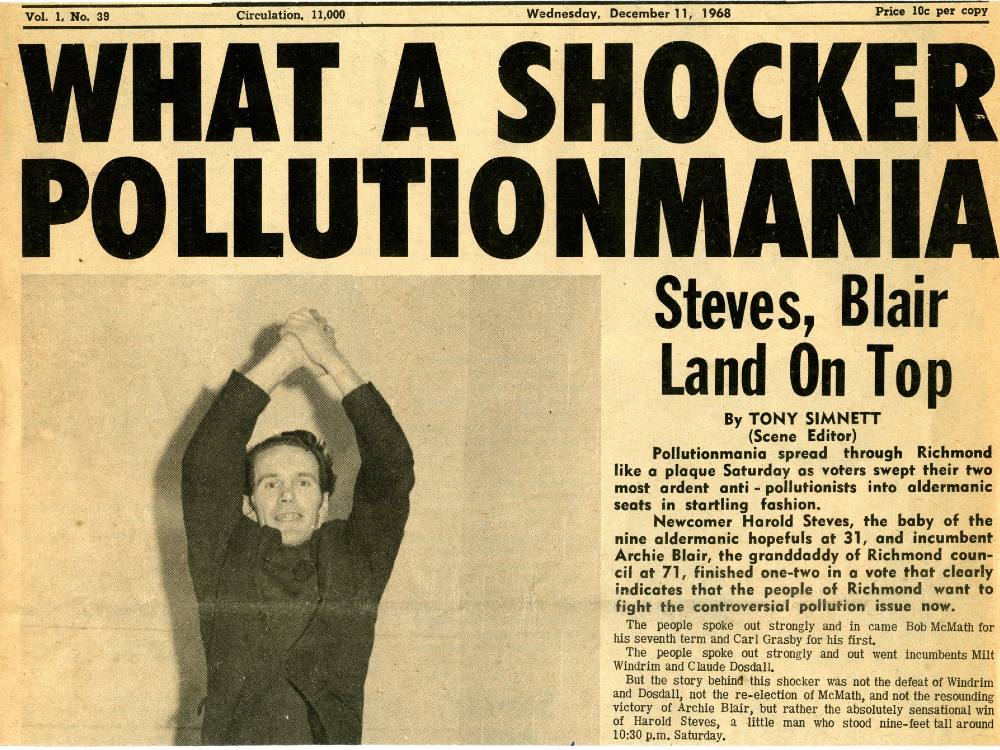 The cover of an old, yellowed newspaper from 1968 with the headlines “WHAT A SHOCKER” “POLLUTIONMANIA.” The main photo is of a man raising his clasped hands above his head victoriously.
