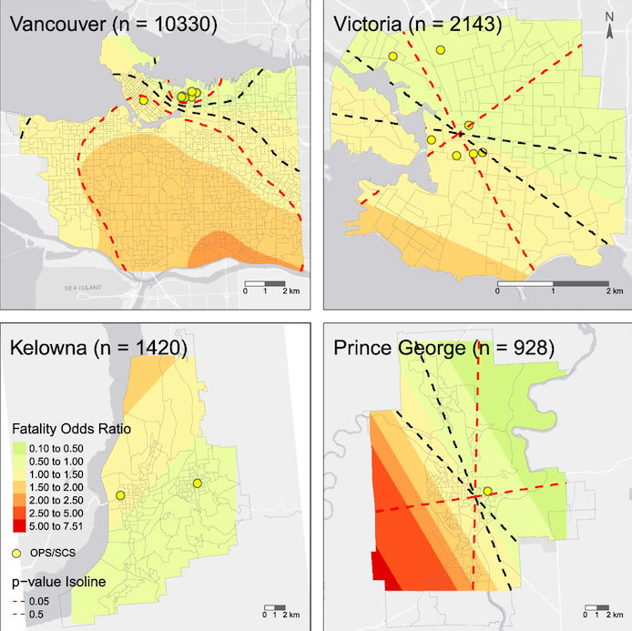 Shaded maps showing where overdoses are most fatal in Vancouver, Victoria, Kelowna and Prince George.