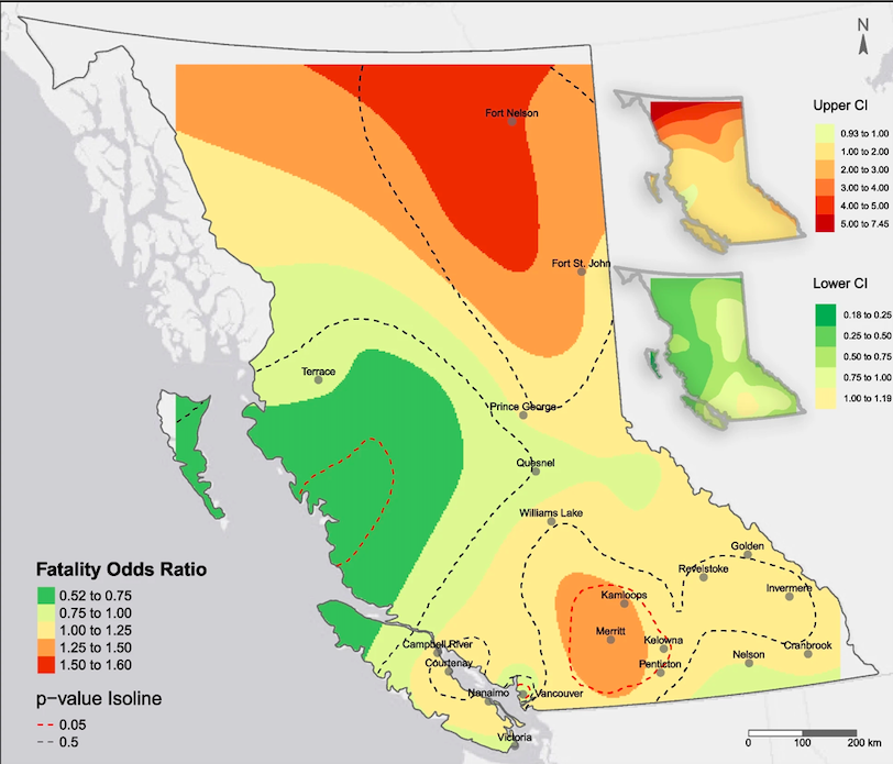 A highlighted map of B.C. showing the greatest overdose fatalities in the north of the province and around Merritt.