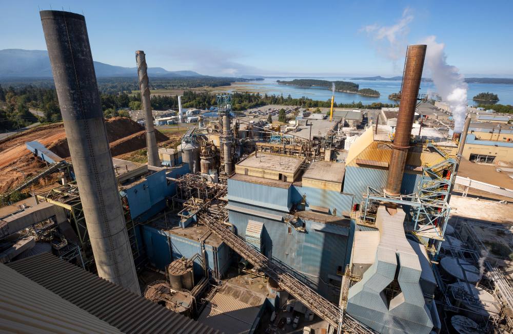 A bird’s eye view of the Crofton pulp and paper mill, made up of industrial blue and yellow structures and adorned with tall chutes. A plume of white gas rises to the far right.