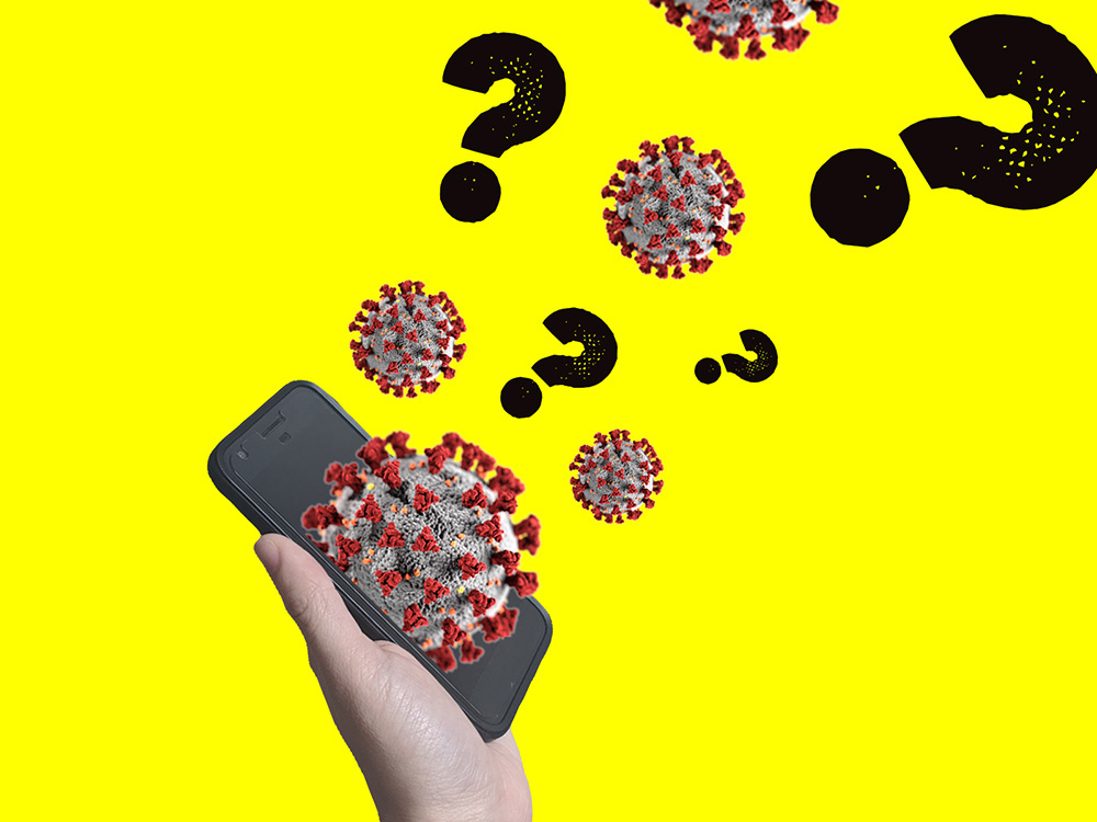 An illustration of virus particles and question marks emanating from a cell phone held by a hand against a yellow background.