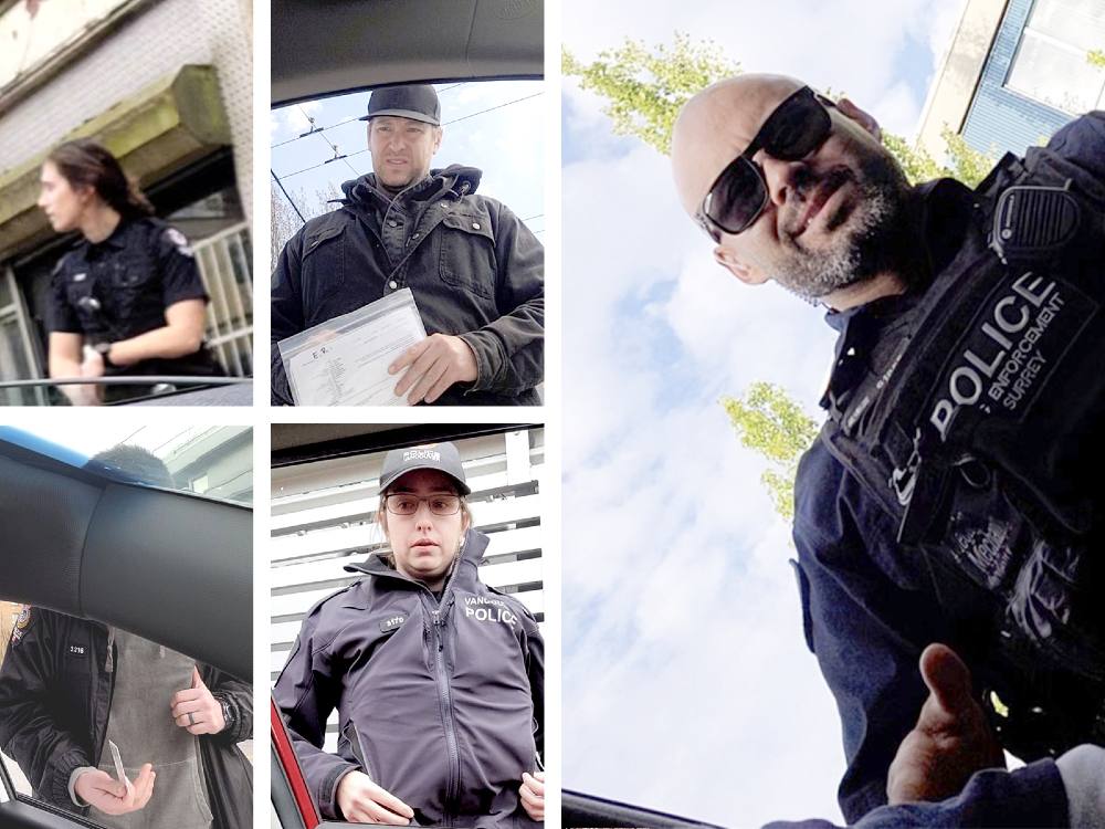 Five separate images show police officers at the driver’s side window of a car. 