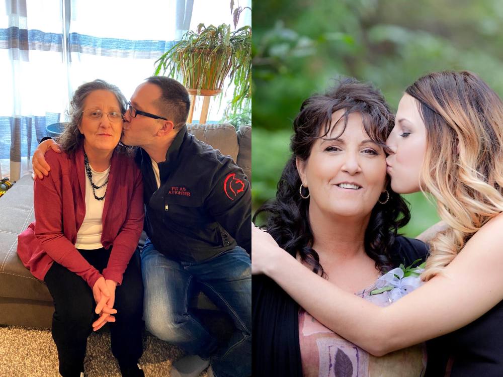 Two side-by-side vertical family photographs depict Kelly Ashton being kissed on the cheek by two of her children. Her son Jason Keller is in the photo on the left, in glasses and a black jacket. Her daughter Santaya Garnot is in the photo on the right, with long blonde hair and a black dress.
