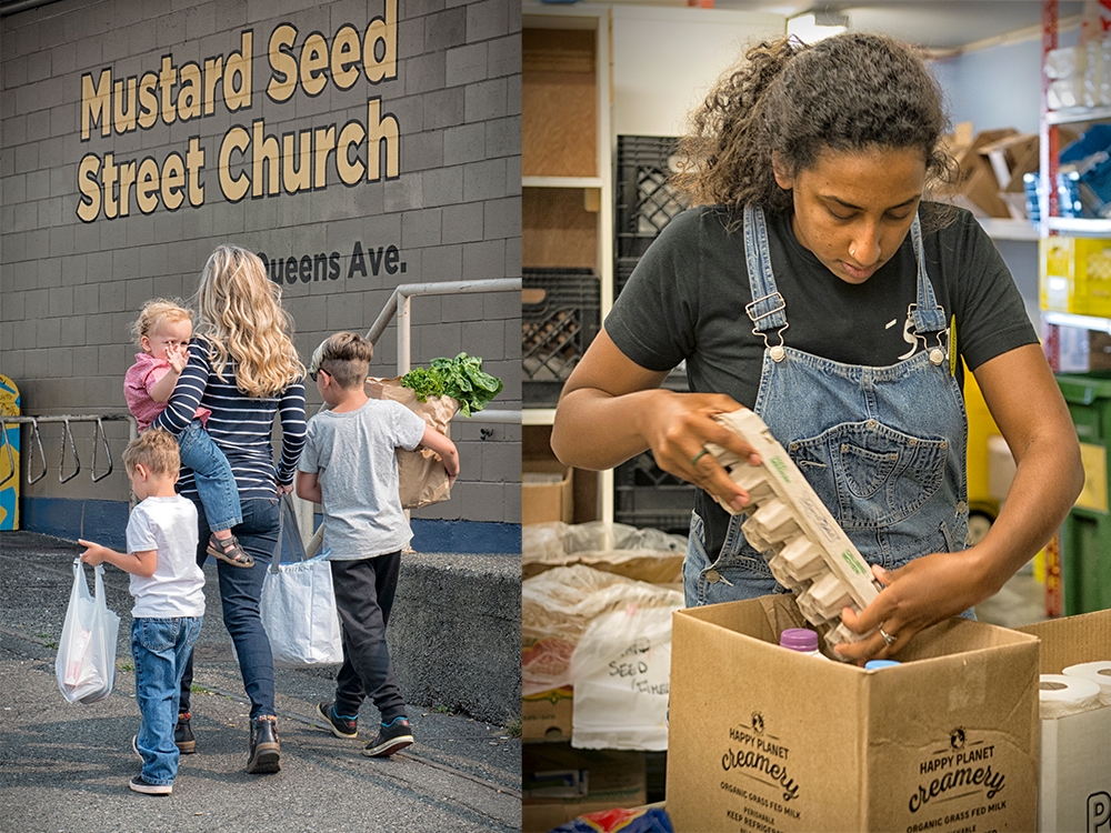 Left: A family leaves the Mustard Seed Food Bank. Right: A Mustard Seed volunteer places eggs into a box.