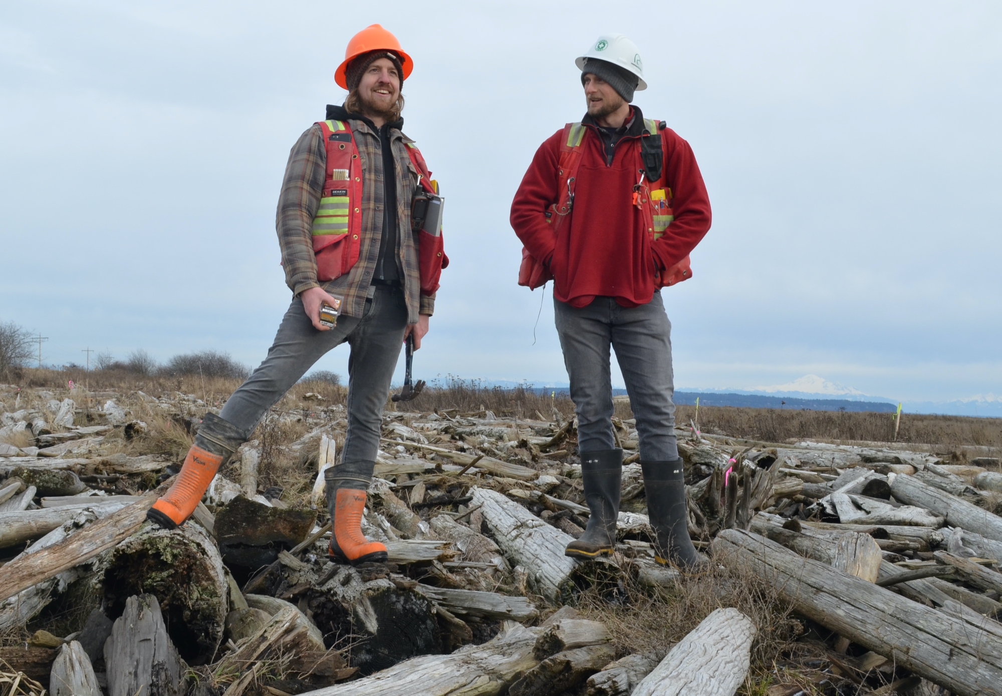 Two men stand on a pile of logs.