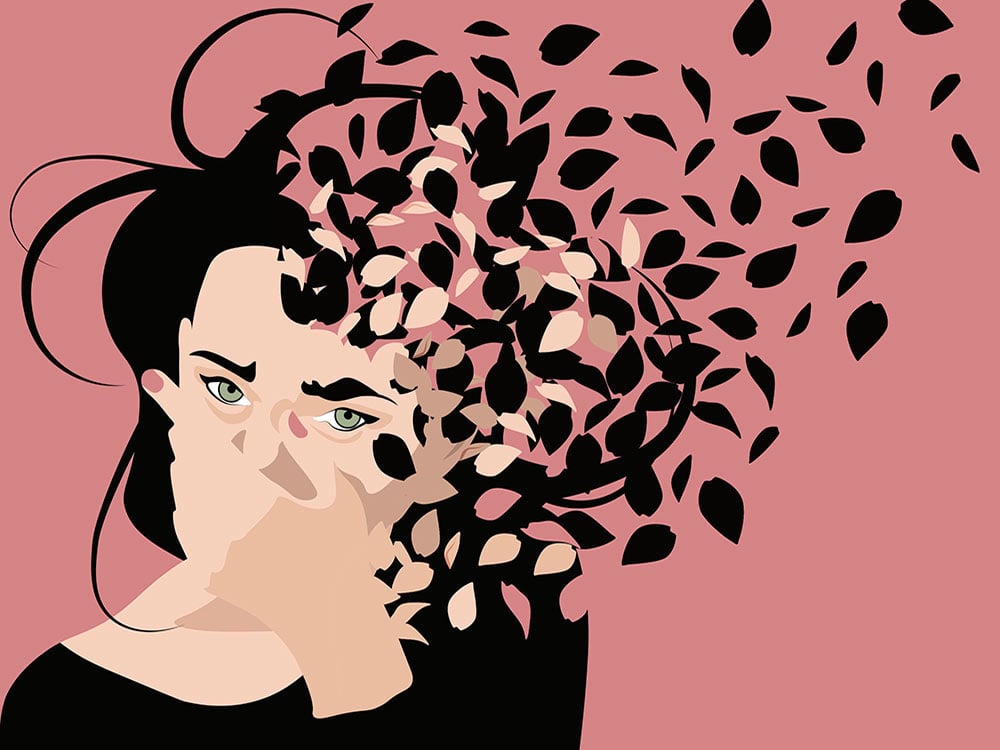 A digital illustration of a woman in black depicts her covering her mouth. Her green eyes look towards the camera; her expression is outraged. Her hair is illustrated such that long tendrils and leaves run towards the right side of the frame.