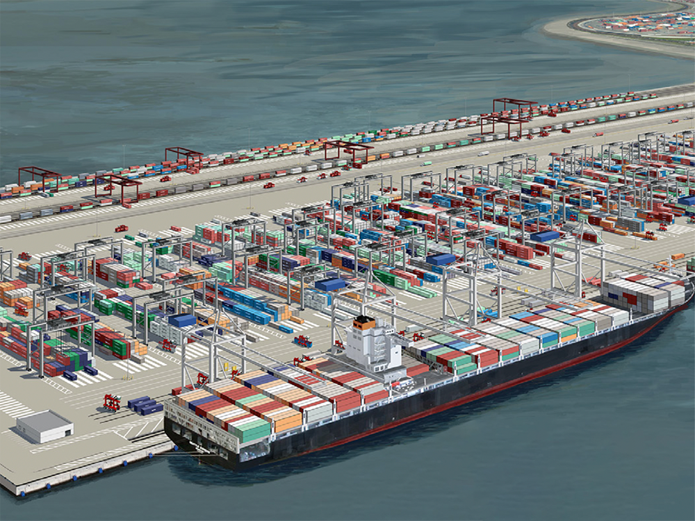 An illustration shows the proposed port expansion. A large new land areas has been created in the ocean. Three container ships are at the dock and thousands of shipping containers are in the port area. In the background is the current Roberts Bank shipping terminal.
