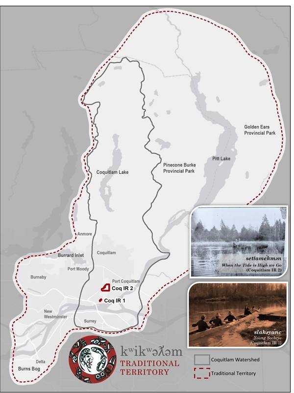 An digital map of the traditional territory of the Kwikwetlem First Nation uses grey and red colourways with two small colour digital photographs on the bottom right side of the frame.  