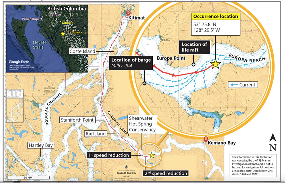 A map shows the route of the Ingenika from Kitimat until its sinking on the way to Kemano Bay.