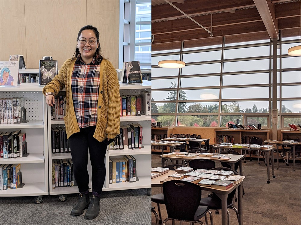 On the left, Tammy Le stands with her elbow on a bookshelf. On the right, a beautiful school library with high ceilings, stocked with books in low bookshelves.