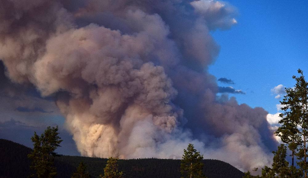 A huge cloud of smoke rises over a forested ridge in the daytime.